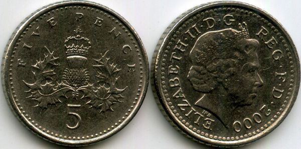 Монета 5 пенсов 2000г Англия