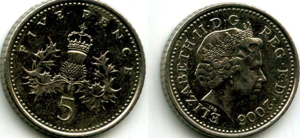 Монета 5 пенсов 2006г Англия