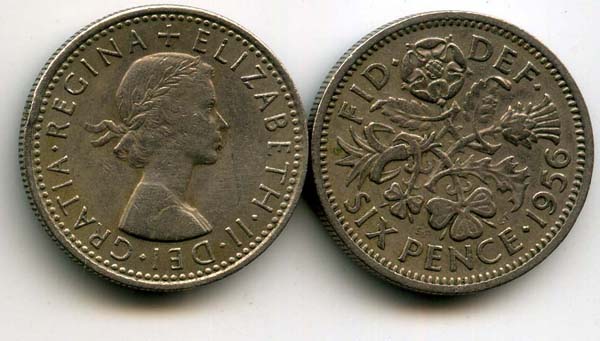 Монета 6 пенсов 1956г Англия
