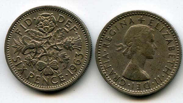 Монета 6 пенсов 1963г Англия