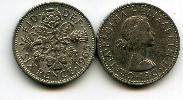 Монета 6 пенсов 1965г Англия