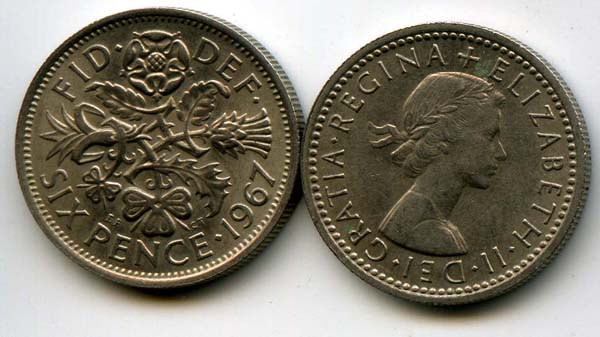 Монета 6 пенсов 1967г Англия