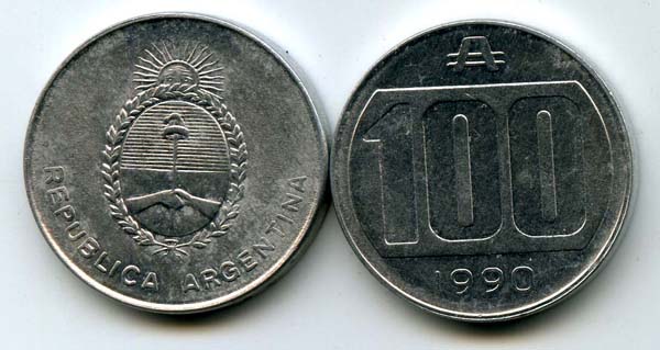 Монета 100 аустрал 1990г Аргентина