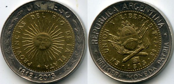 Монета 1 песо 2013г 200лет Аргентина