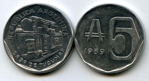 Монета 5 аустрал 1989г Аргентина