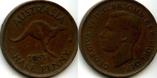 Монета 0,5 пенни 1951г точка Австралия