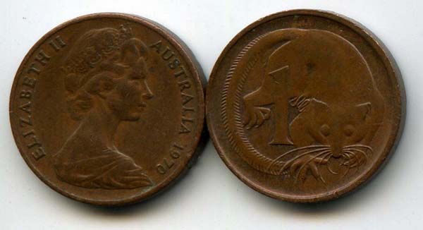Монета 1 цент 1970г Австралия