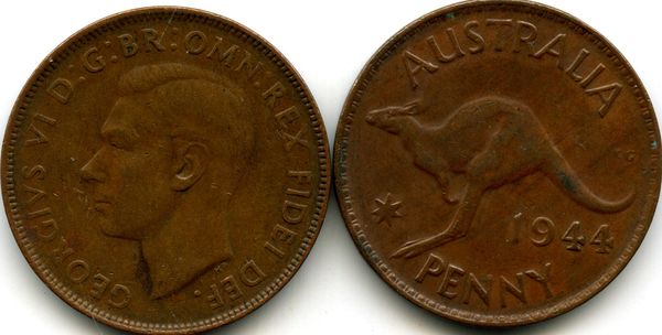 Монета 1 пенни 1944г точка Австралия