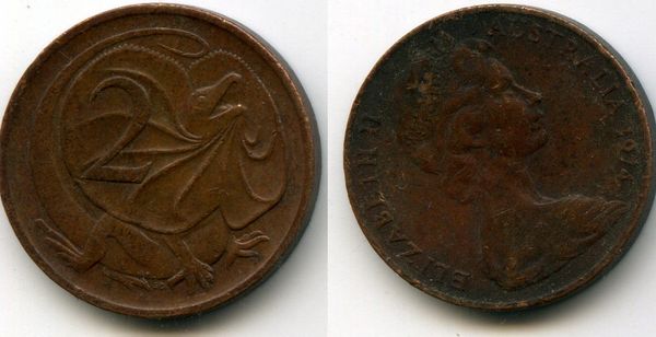 Монета 2 цента 1974г Австралия