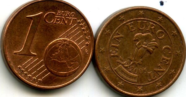 Монета 1 евроцент 2005г Австрия