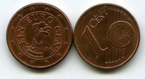 Монета 1 евроцент 2010г Австрия