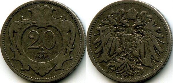 Монета 20 геллера 1894г Австрия