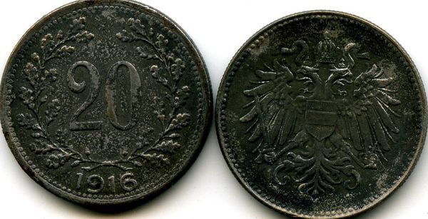 Монета 20 геллеров 1916г Австрия