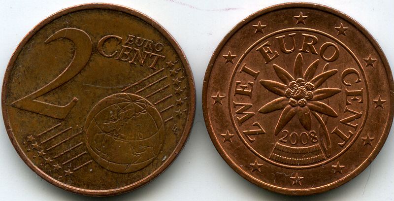 Монета 2 евроцента 2008г Австрия
