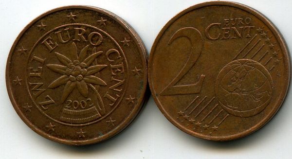 Монета 2 евроцента 2002г Австрия