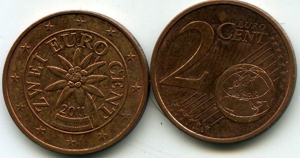Монета 2 евроцента 2011г Австрия