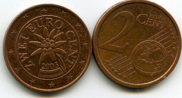 Монета 2 евроцента 2003г Австрия
