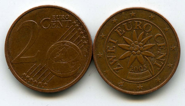 Монета 2 евроцента 2005г Австрия