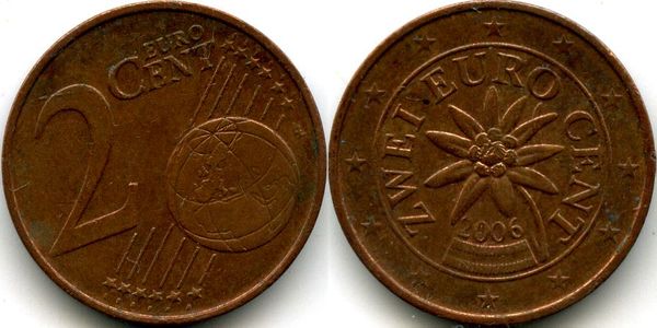 Монета 2 евроцента 2006г Австрия