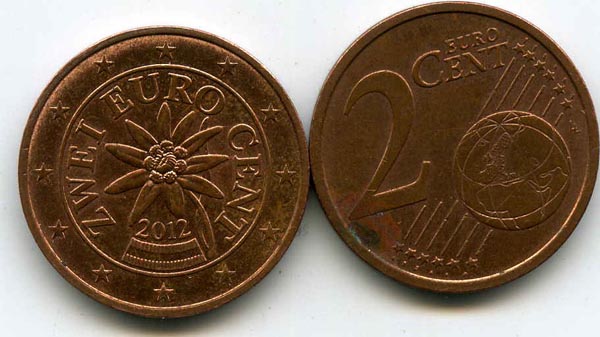 Монета 2 евроцента 2012г Австрия