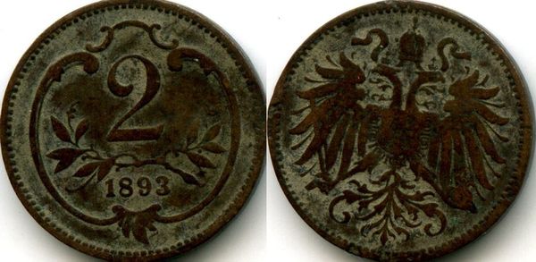 Монета 2 геллера 1893г Австрия