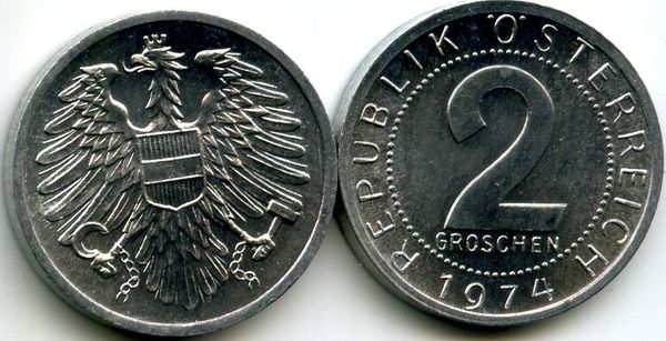 Монета 2 гроша 1974г Австрия