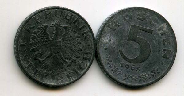 Монета 5 грош 1965г Австрия