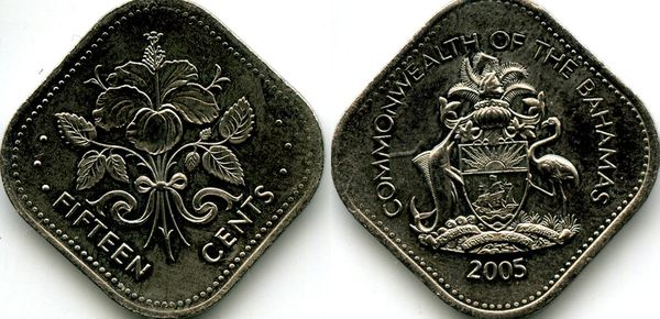 Монета 15 центов 2005г Багамы