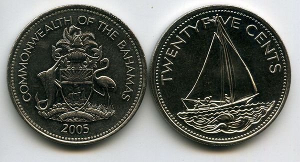 Монета 25 центов 2005г Багамы