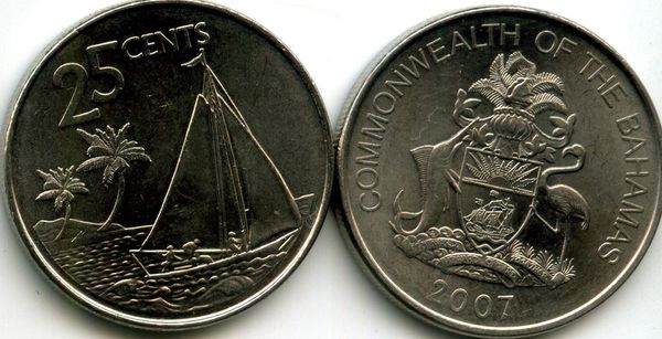 Монета 25 центов 2007г Багамы