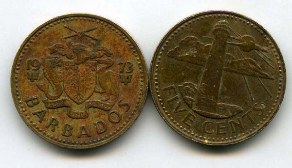 Монета 5 центов 1973г Барбадос