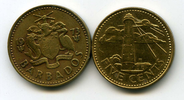 Монета 5 центов 1973г сост Барбадос