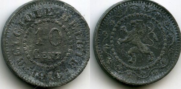 Монета 10 сентимес 1916г Бельгия