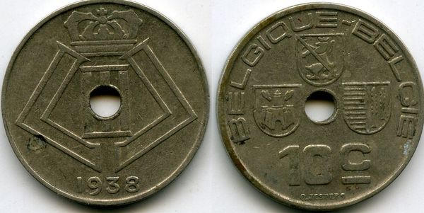 Монета 10 сентимес 1938г Бельгия