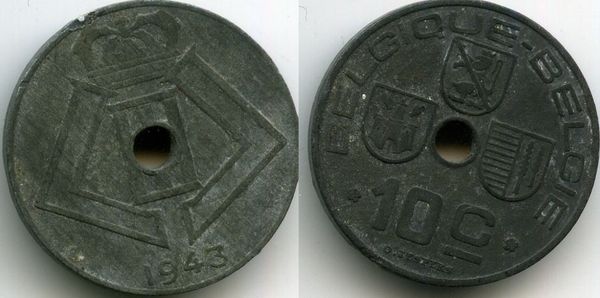 Монета 10 сентимес 1943г фр Бельгия