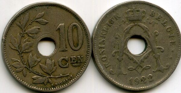 Монета 10 сентимес 1922г фл Бельгия