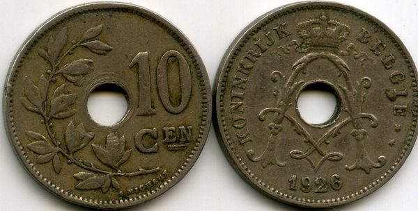 Монета 10 сентимес 1926г фл Бельгия