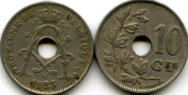 Монета 10 сентимес 1923г фр Бельгия