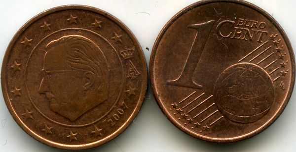 Монета 1 евроцент 2007г Бельгия