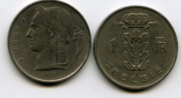 Монета 1 франк 1951г фл Бельгия