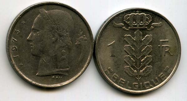 Монета 1 франк 1973г фр Бельгия