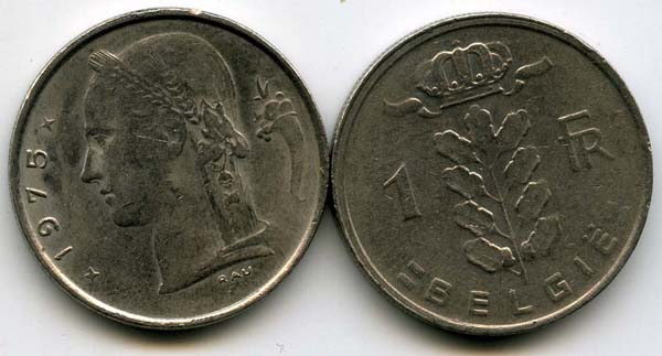 Монета 1 франк 1975г фл Бельгия