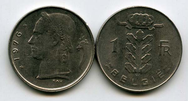 Монета 1 франк 1976г фл Бельгия