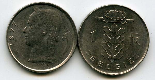 Монета 1 франк 1977г фл Бельгия