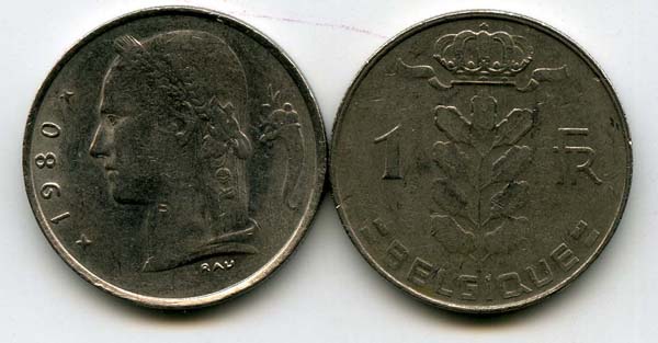 Монета 1 франк 1980г фр Бельгия
