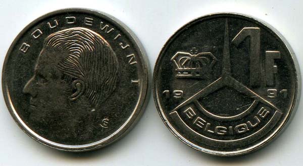 Монета 1 франк 1991г фр Бельгия