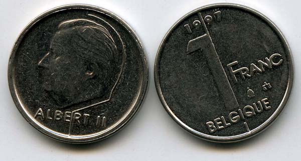 Монета 1 франк 1997г фр Бельгия