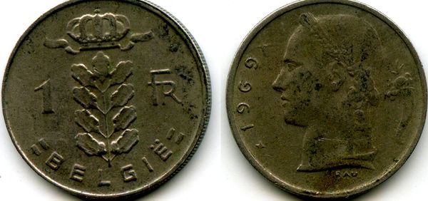 Монета 1 франк 1969г фл Бельгия