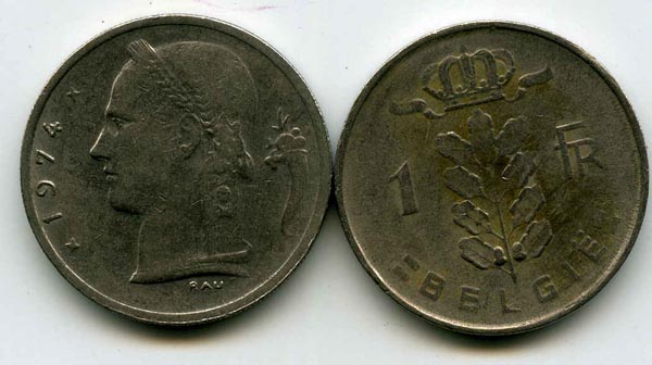 Монета 1 франк 1974г фл Бельгия