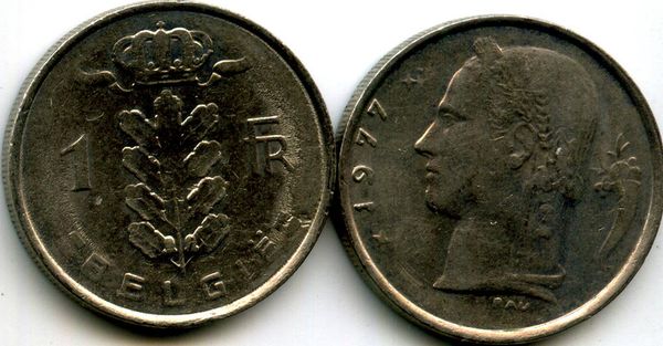 Монета 1 франк 1977г фр Бельгия